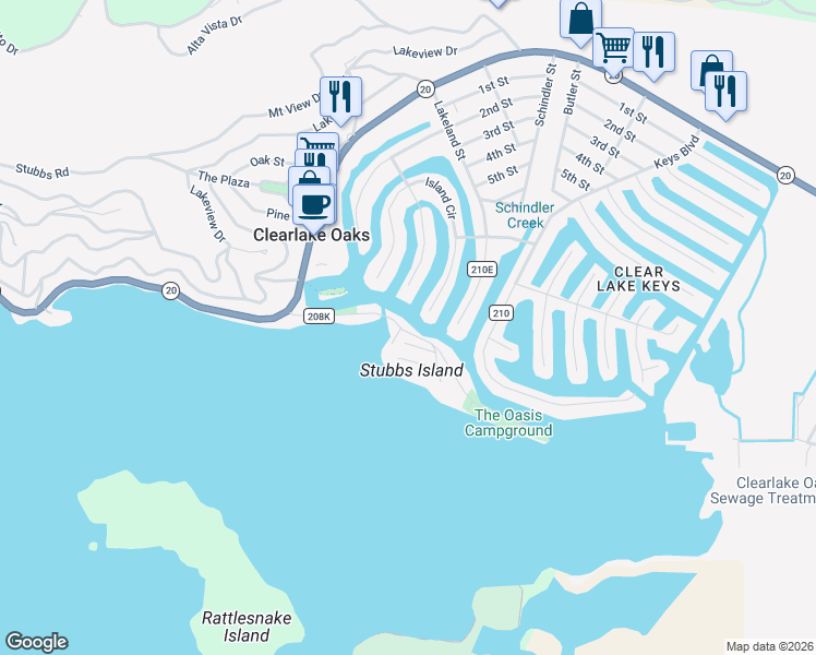map of restaurants, bars, coffee shops, grocery stores, and more near 12840 Island Drive in Clearlake Oaks