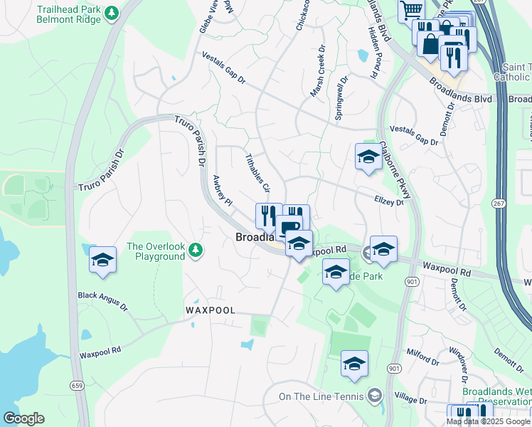 map of restaurants, bars, coffee shops, grocery stores, and more near 21546 Tithables Circle in Broadlands