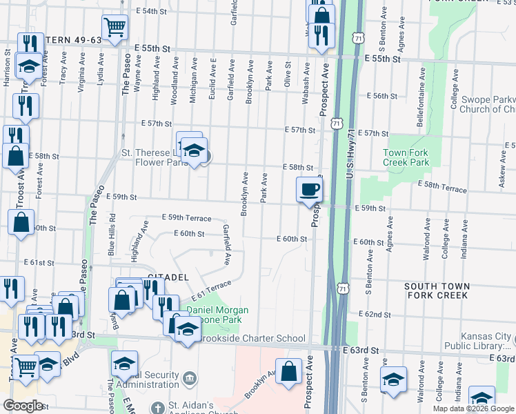 map of restaurants, bars, coffee shops, grocery stores, and more near 2200 East 59th Street in Kansas City