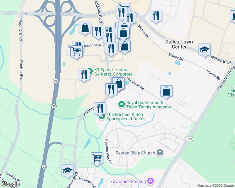 map of restaurants, bars, coffee shops, grocery stores, and more near 21580 Atlantic Boulevard in Sterling