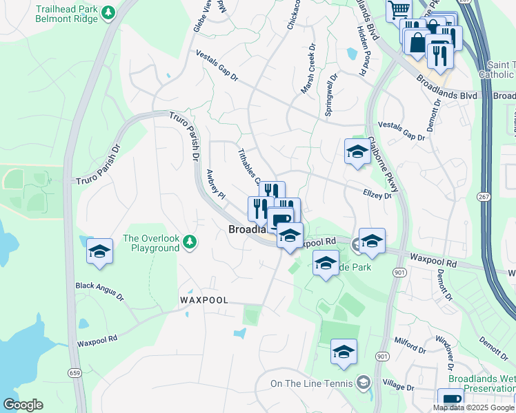 map of restaurants, bars, coffee shops, grocery stores, and more near 21546 Tithables Circle in Broadlands