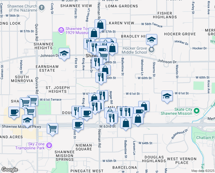 map of restaurants, bars, coffee shops, grocery stores, and more near 6016 Roger Road in Shawnee
