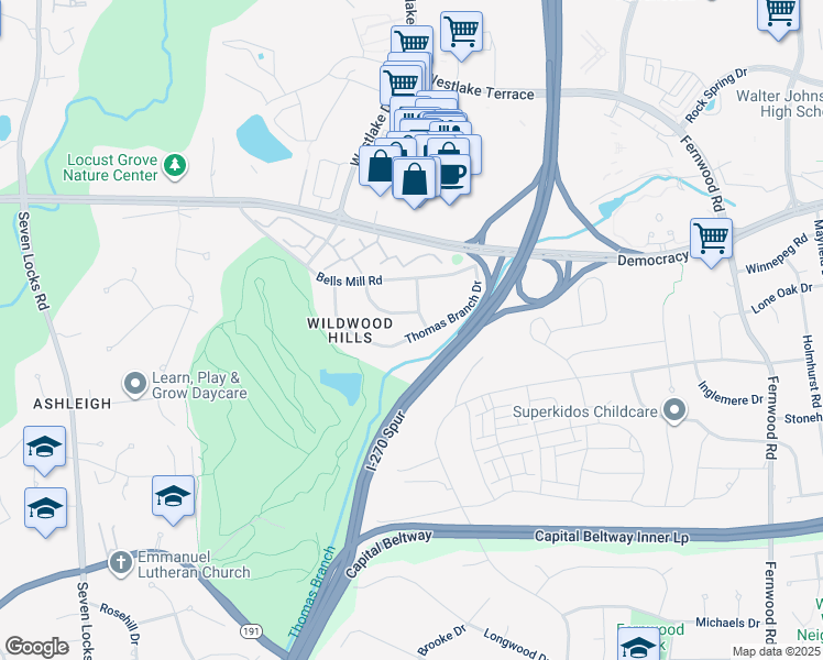 map of restaurants, bars, coffee shops, grocery stores, and more near 7201 Thomas Branch Drive in Bethesda