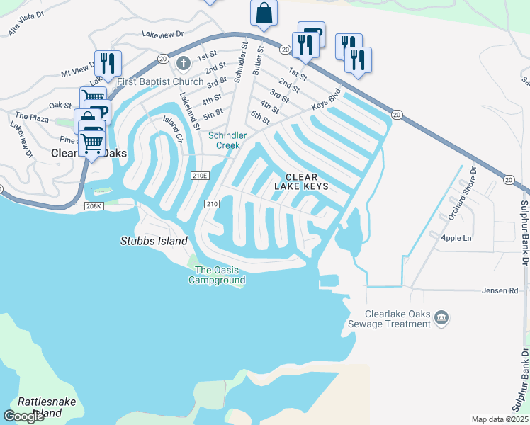 map of restaurants, bars, coffee shops, grocery stores, and more near 668 Bass Lane in Clearlake Oaks