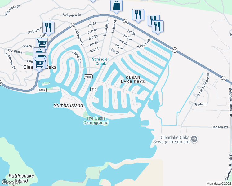 map of restaurants, bars, coffee shops, grocery stores, and more near 668 Bass Lane in Clearlake Oaks