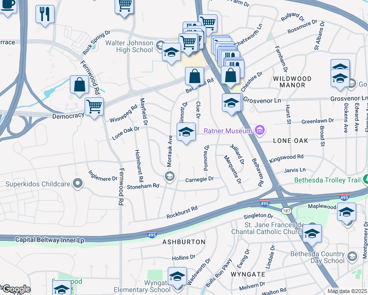 map of restaurants, bars, coffee shops, grocery stores, and more near 6314 Lone Oak Drive in Bethesda