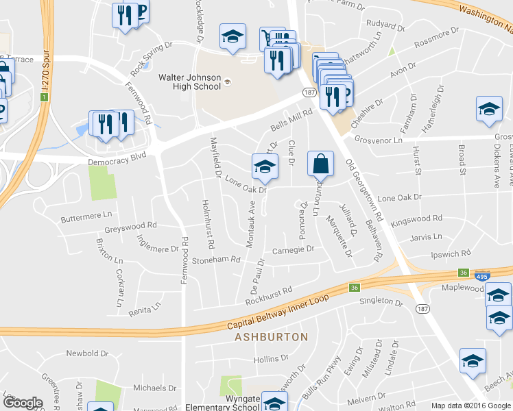map of restaurants, bars, coffee shops, grocery stores, and more near 9921 Montauk Avenue in Bethesda