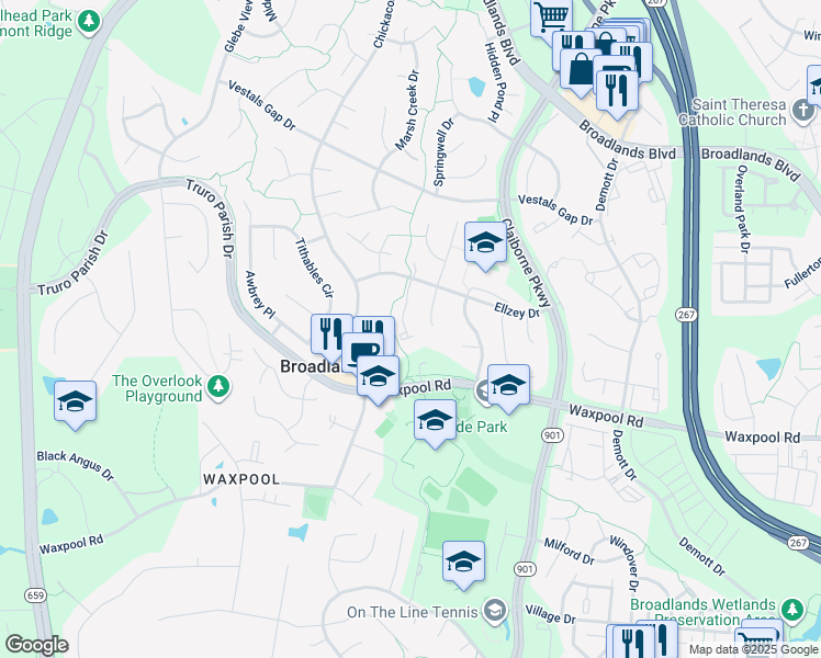 map of restaurants, bars, coffee shops, grocery stores, and more near 21588 Bankbarn Terrace in Broadlands