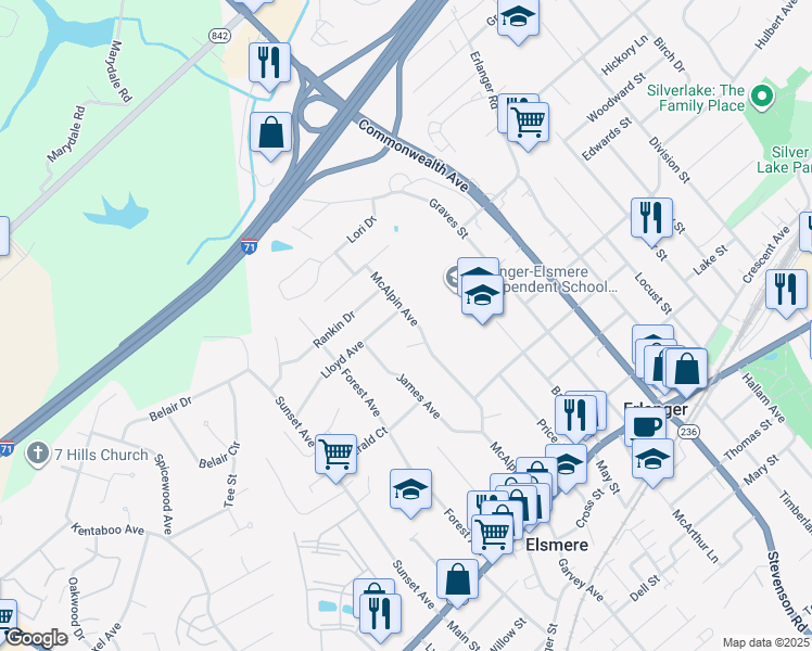 map of restaurants, bars, coffee shops, grocery stores, and more near 429 McAlpin Avenue in Erlanger