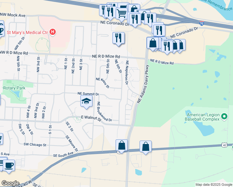 map of restaurants, bars, coffee shops, grocery stores, and more near 516 Northeast Knox Street in Blue Springs