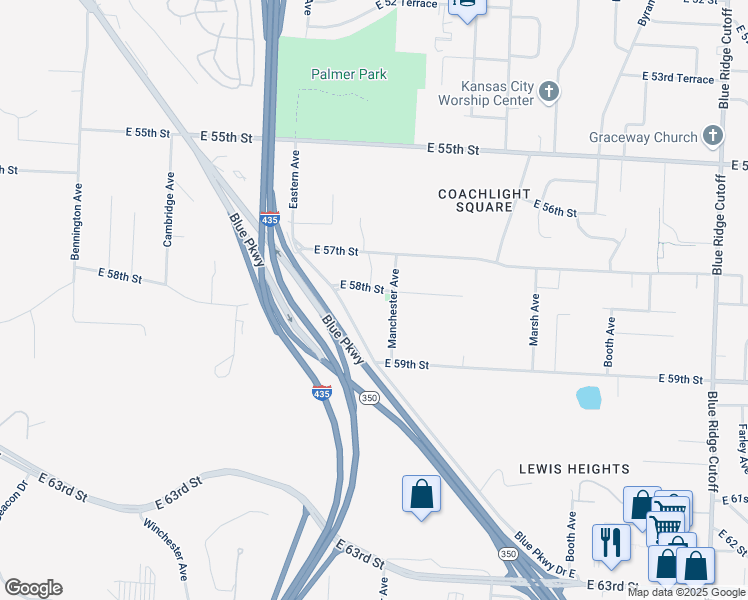 map of restaurants, bars, coffee shops, grocery stores, and more near 7507 East 58th Street in Kansas City