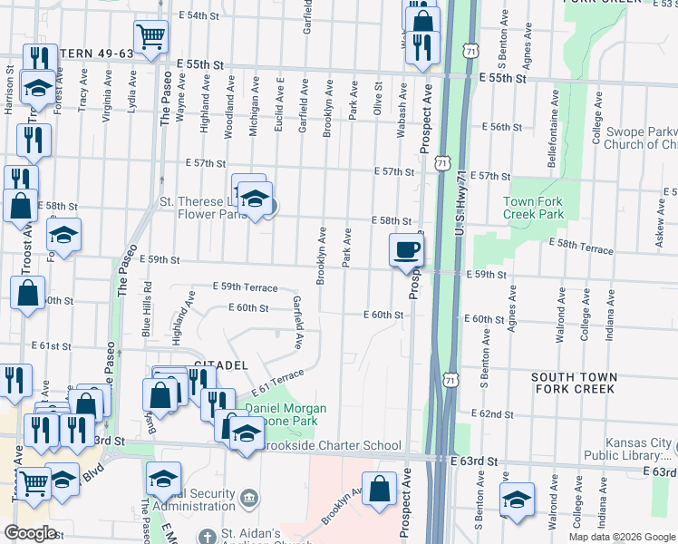 map of restaurants, bars, coffee shops, grocery stores, and more near 2200 East 59th Street in Kansas City