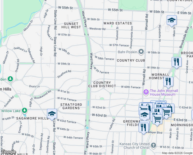 map of restaurants, bars, coffee shops, grocery stores, and more near 1020 Huntington Road in Kansas City
