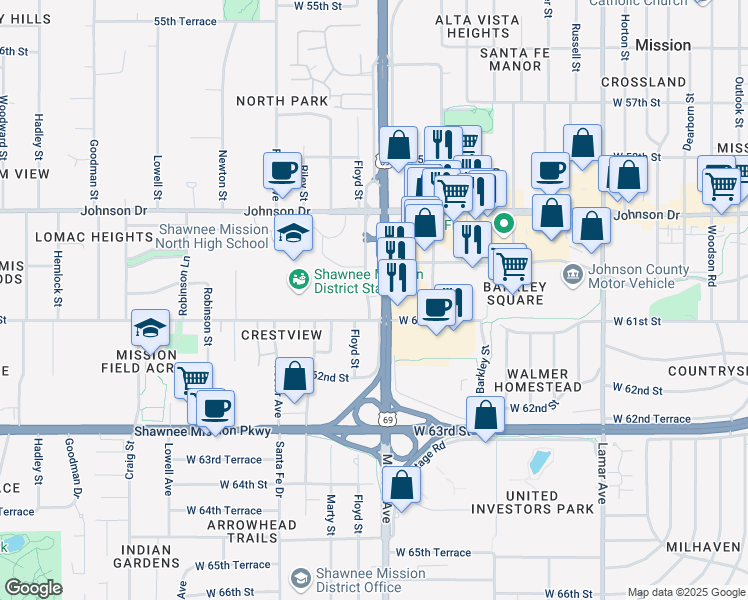 map of restaurants, bars, coffee shops, grocery stores, and more near 6027 Metcalf Lane in Mission