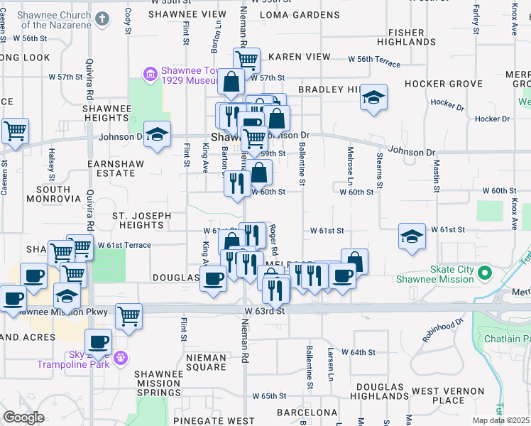 map of restaurants, bars, coffee shops, grocery stores, and more near 6016 Roger Road in Shawnee