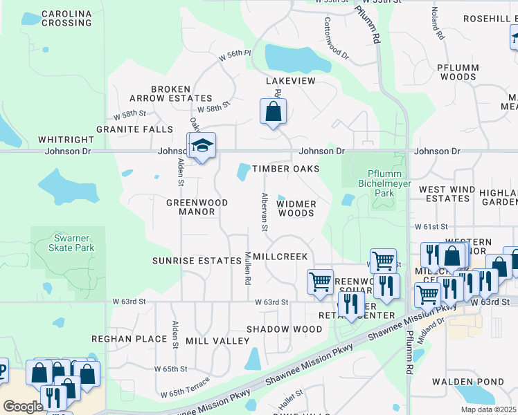 map of restaurants, bars, coffee shops, grocery stores, and more near 6014 Albervan Street in Shawnee