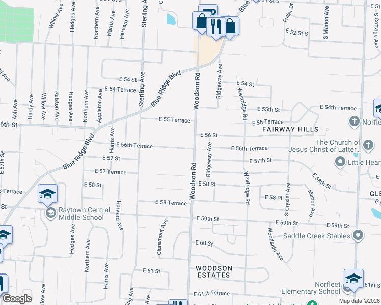 map of restaurants, bars, coffee shops, grocery stores, and more near 5616 Woodson Road in Raytown