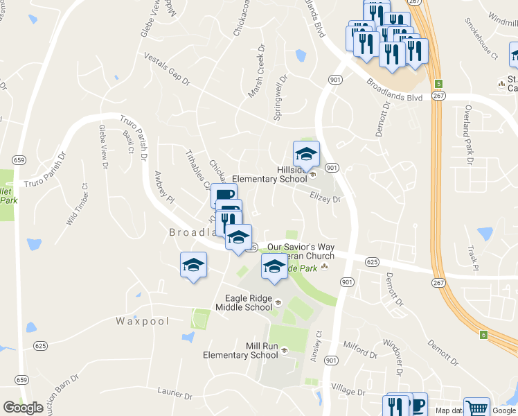 map of restaurants, bars, coffee shops, grocery stores, and more near 21588 Bankbarn Terrace in Broadlands