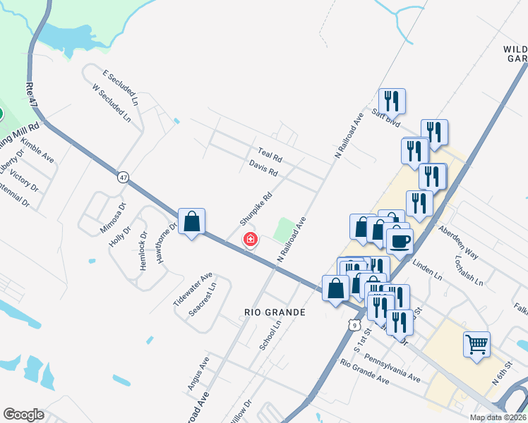 map of restaurants, bars, coffee shops, grocery stores, and more near 3114 Shunpike Road in Rio Grande
