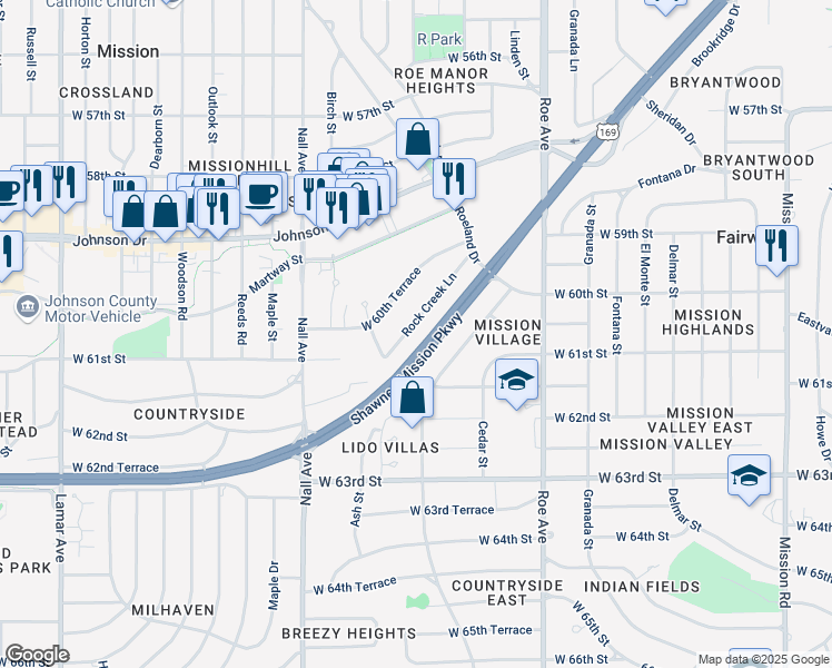 map of restaurants, bars, coffee shops, grocery stores, and more near 5039 Rock Creek Lane in Mission
