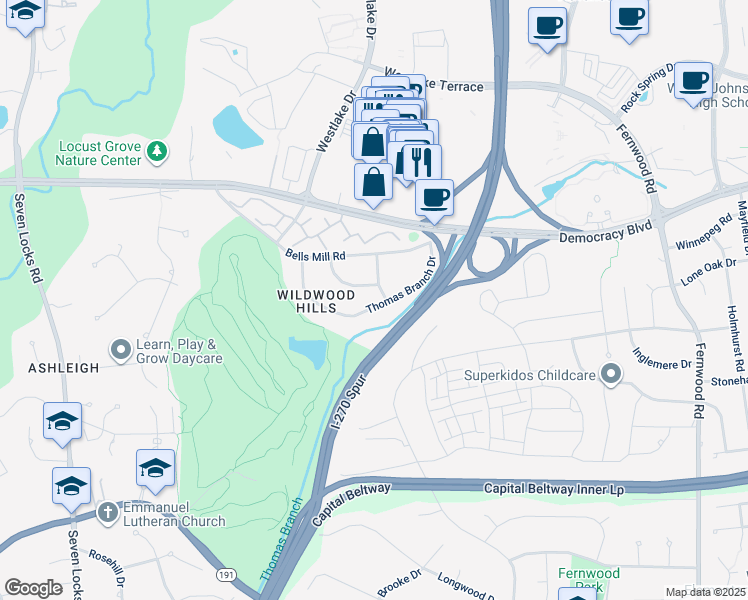 map of restaurants, bars, coffee shops, grocery stores, and more near 7201 Thomas Branch Drive in Bethesda