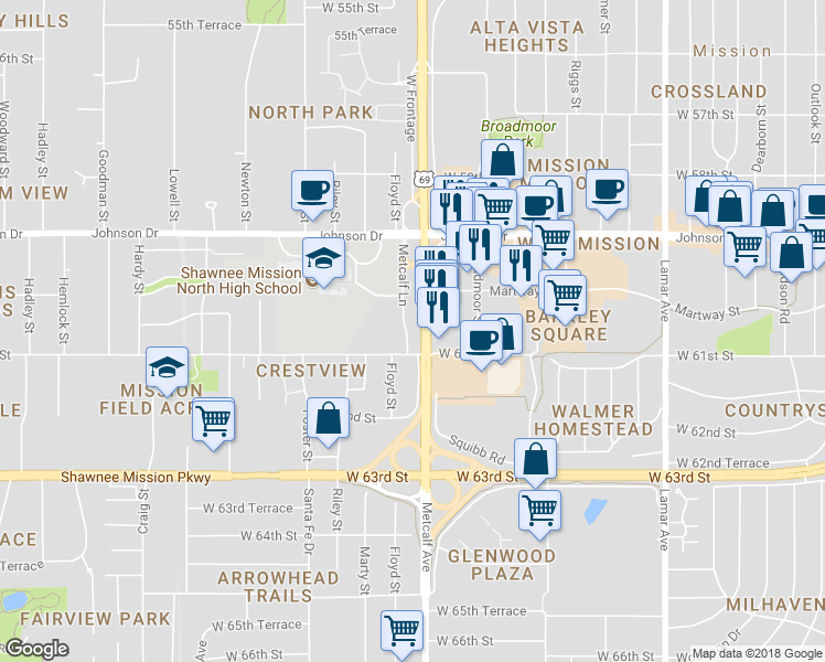 map of restaurants, bars, coffee shops, grocery stores, and more near 6027 Metcalf Lane in Mission