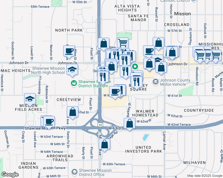 map of restaurants, bars, coffee shops, grocery stores, and more near 6050 Broadmoor Street in Mission