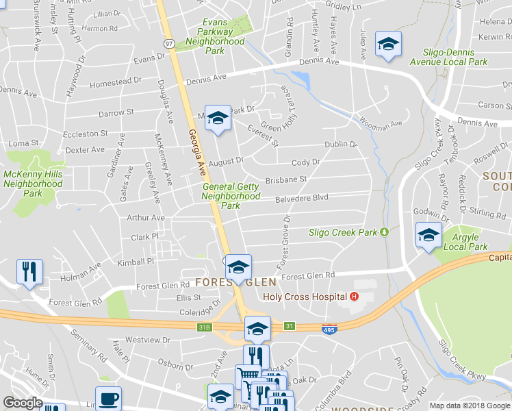 map of restaurants, bars, coffee shops, grocery stores, and more near 1804 Belvedere Boulevard in Silver Spring