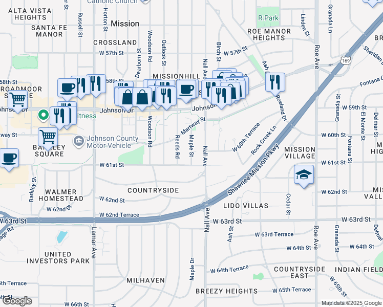 map of restaurants, bars, coffee shops, grocery stores, and more near 6025 Maple Street in Mission