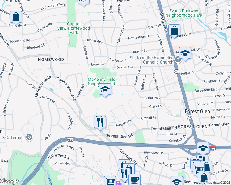 map of restaurants, bars, coffee shops, grocery stores, and more near 2550 Hayden Drive in Silver Spring