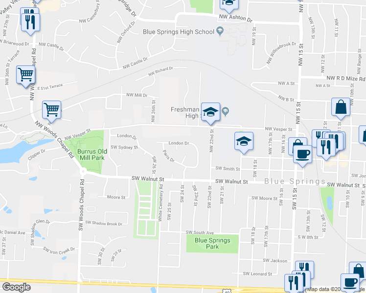 map of restaurants, bars, coffee shops, grocery stores, and more near 2400 London Drive in Blue Springs