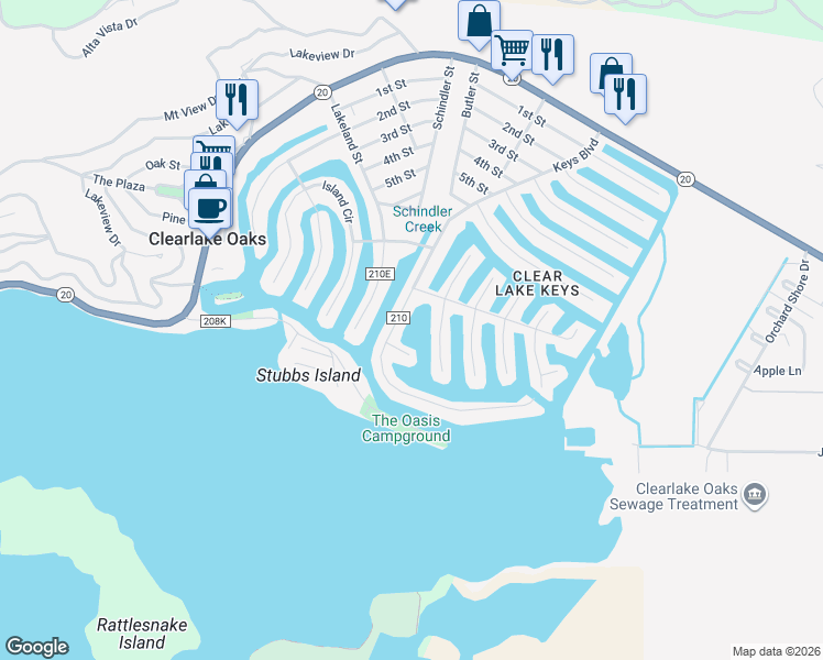 map of restaurants, bars, coffee shops, grocery stores, and more near 680 Keys Boulevard in Clearlake Oaks