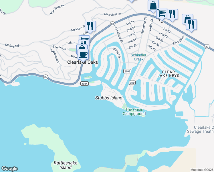 map of restaurants, bars, coffee shops, grocery stores, and more near 12840 Island Drive in Clearlake Oaks