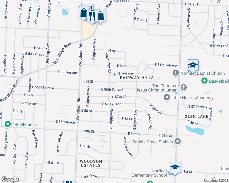 map of restaurants, bars, coffee shops, grocery stores, and more near 12009 East 56th Terrace in Kansas City
