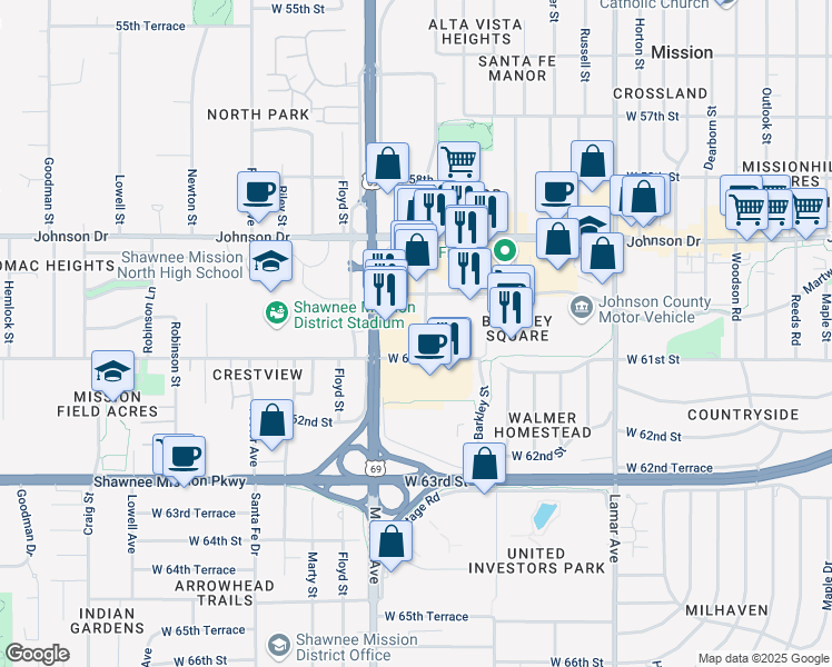 map of restaurants, bars, coffee shops, grocery stores, and more near 6050 Broadmoor Street in Mission