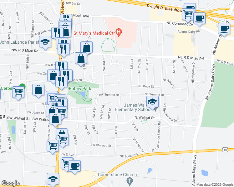 map of restaurants, bars, coffee shops, grocery stores, and more near 201 Northwest 1st Street Court in Blue Springs