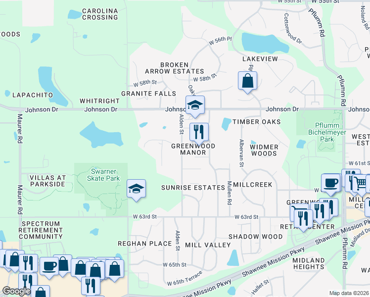 map of restaurants, bars, coffee shops, grocery stores, and more near 6015 Alden Street in Shawnee