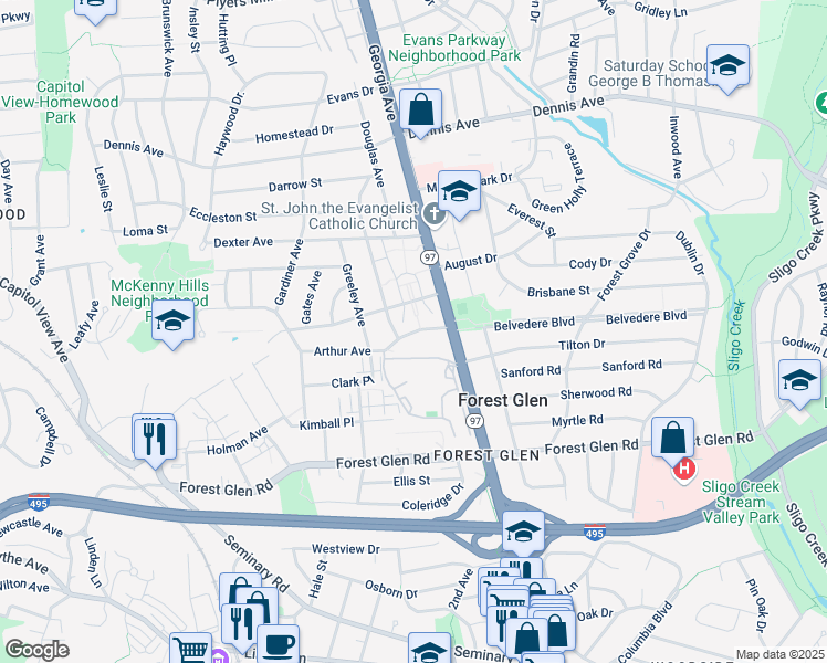 map of restaurants, bars, coffee shops, grocery stores, and more near 2107 Belvedere Boulevard in Silver Spring