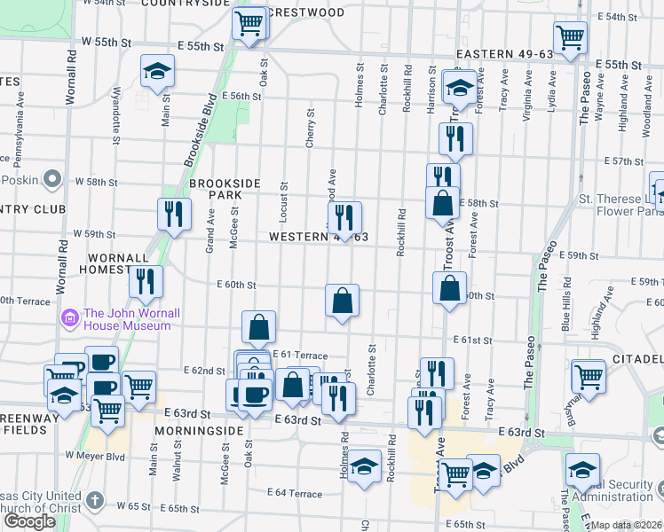 map of restaurants, bars, coffee shops, grocery stores, and more near 5915 Kenwood Avenue in Kansas City