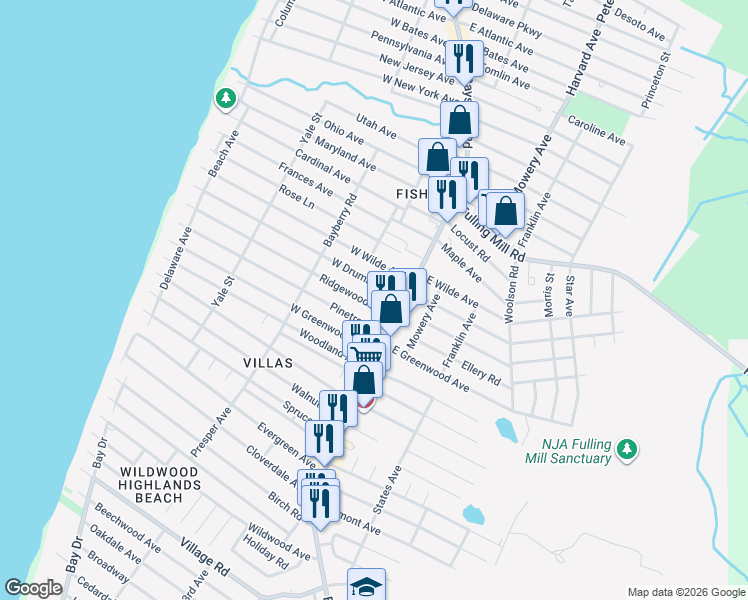 map of restaurants, bars, coffee shops, grocery stores, and more near 35 Ridgewood Avenue in Lower Township