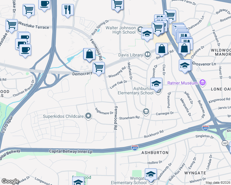 map of restaurants, bars, coffee shops, grocery stores, and more near 6524 Lone Oak Court in Bethesda