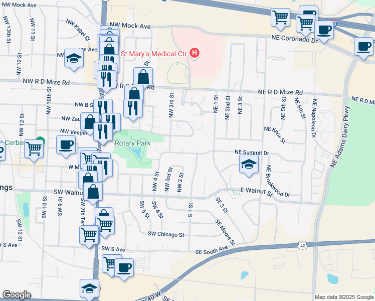 map of restaurants, bars, coffee shops, grocery stores, and more near 201 Northwest 1st Street Court in Blue Springs