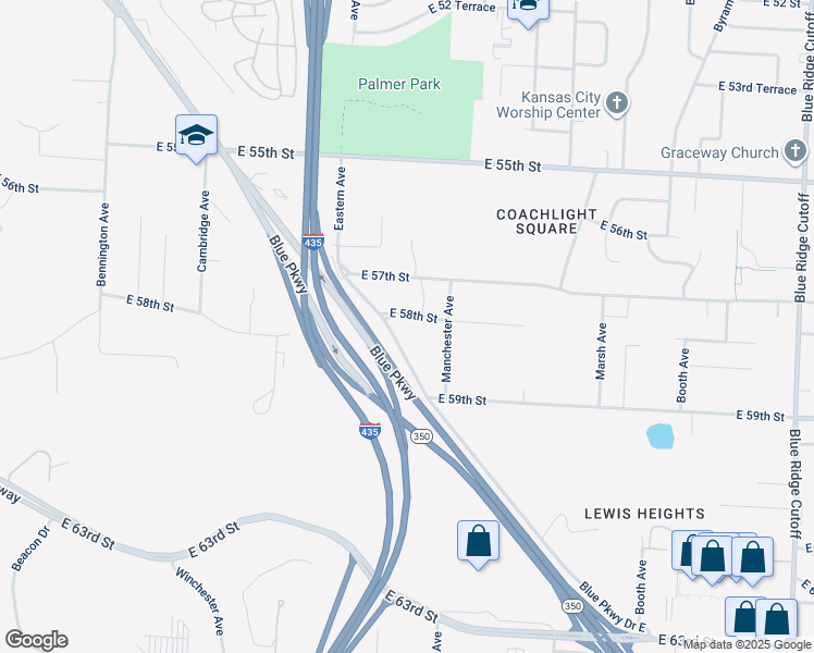 map of restaurants, bars, coffee shops, grocery stores, and more near 7507 East 58th Street in Kansas City