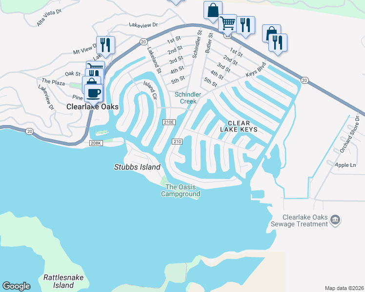 map of restaurants, bars, coffee shops, grocery stores, and more near 680 Keys Boulevard in Clearlake Oaks