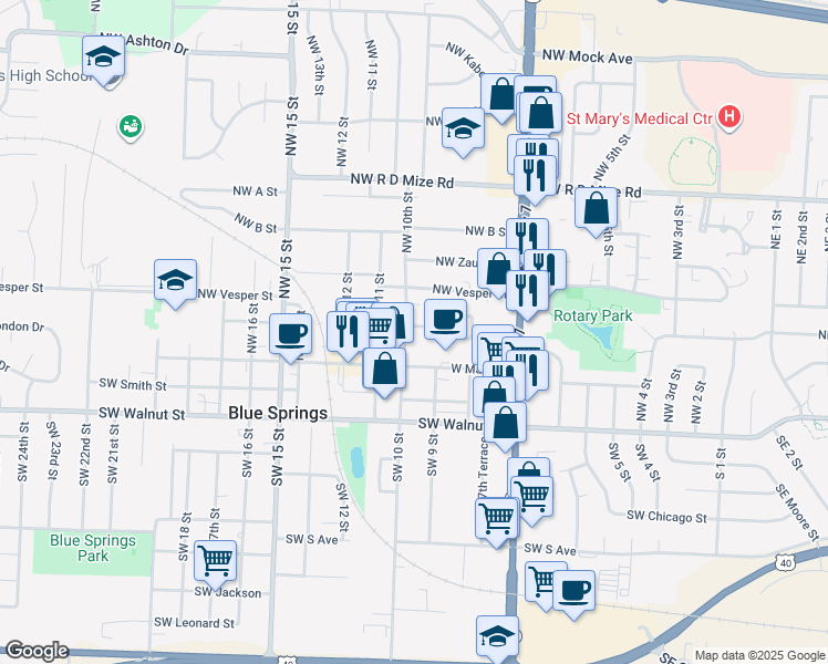 map of restaurants, bars, coffee shops, grocery stores, and more near 906 Northwest Summit Street in Blue Springs