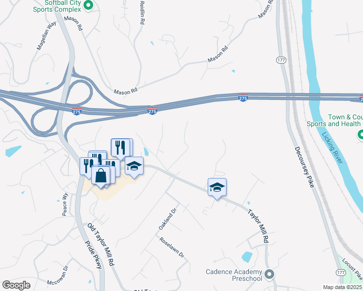 map of restaurants, bars, coffee shops, grocery stores, and more near 674 Meadow Lane in Taylor Mill