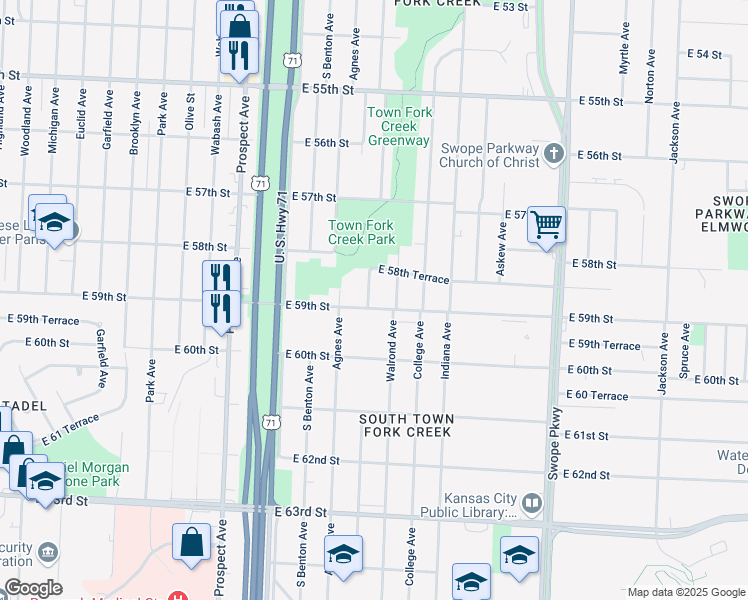 map of restaurants, bars, coffee shops, grocery stores, and more near 5839 Bellefontaine Avenue in Kansas City