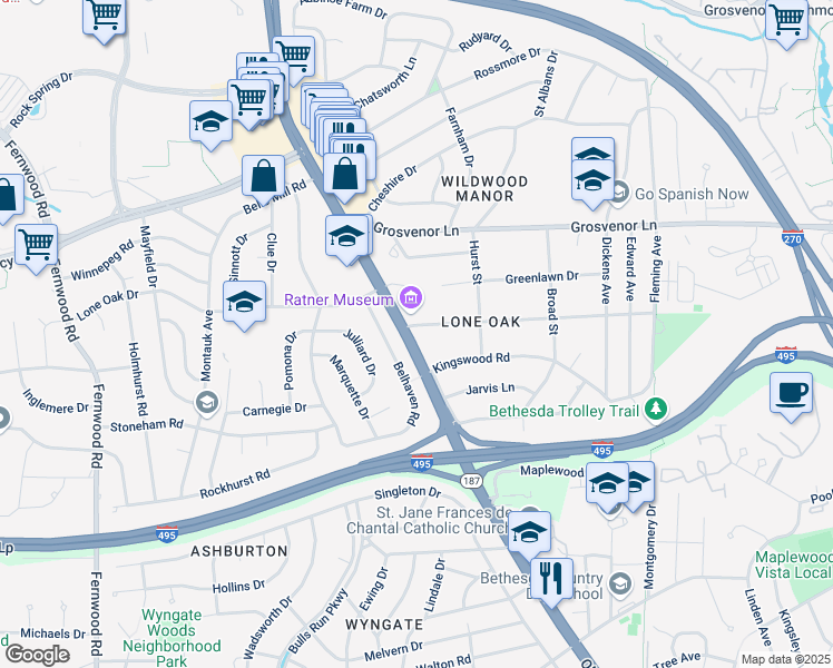 map of restaurants, bars, coffee shops, grocery stores, and more near 9919 Old Georgetown Road in Bethesda
