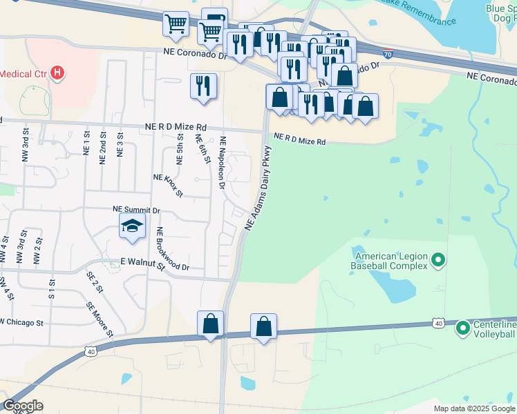 map of restaurants, bars, coffee shops, grocery stores, and more near 417 Northeast Adams Dairy Parkway in Blue Springs