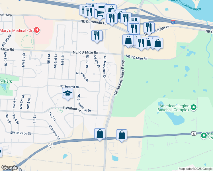 map of restaurants, bars, coffee shops, grocery stores, and more near 481 Northeast Adams Dairy Parkway in Blue Springs